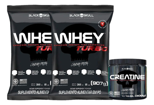 Combo 2x Whey Protein + Creatina 100% Pura 300g Black Skull Sabor 1 Chocolate 1 Morango