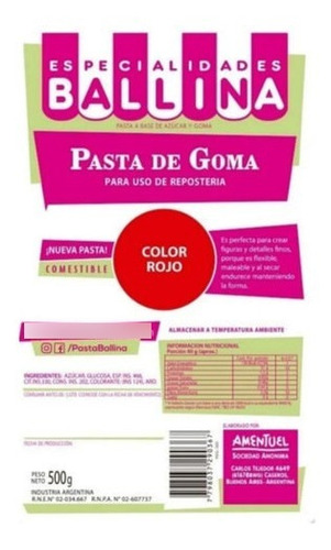 Pasta De Goma Color Roja Ballina X500g - Cotillón Waf