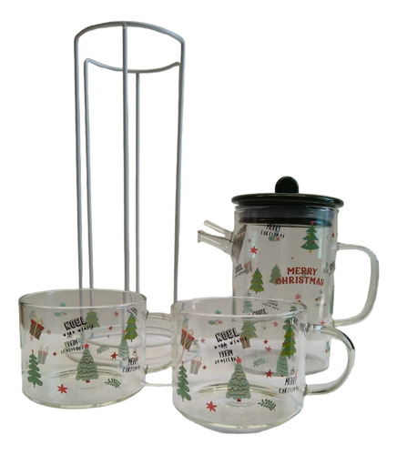 Set Navideño Base Con 2tazas + 1 Tetera Diseño Navidad 16 Oz