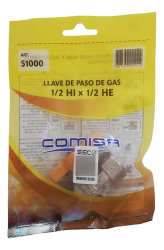 Llave Paso Gas 1/2 Hi-he Bronce, Marca Comisa, Sello Sec