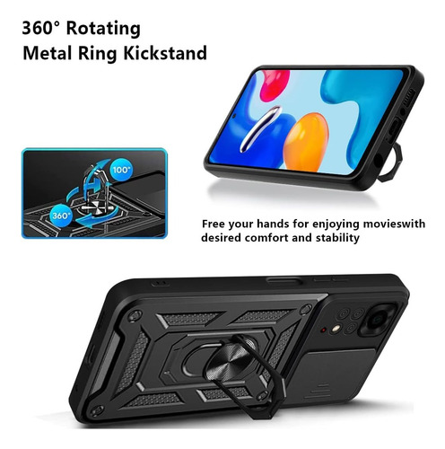 Funda Reforzada Anillo Con Protector De Cámara Para Xiaomi Negro Redmi Note 10 / 10s