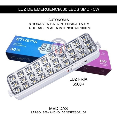 Luz De Emergencia Etheos 30 Led Recargable bateria con Cable 220v