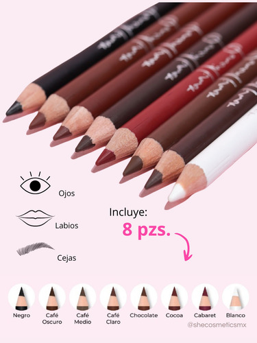 Pack 8 Pzs. Lapiz Delineador Para Labios Ojos Y Cejas - And Varios Mate