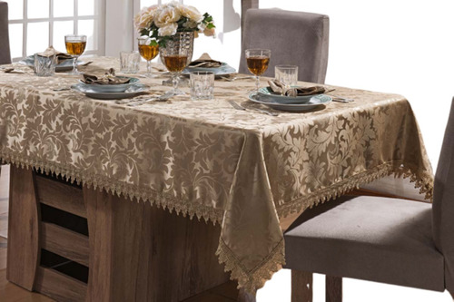 Toalha De Mesa Ret. Jacquard Ocre Com Renda Gripir 1,80x1,40