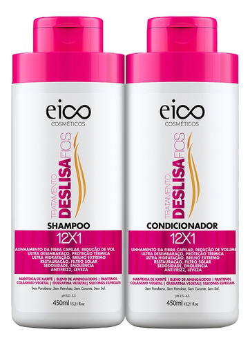 Kit Eico Tratamento Creme Capilar Shampoo Sem Sal 450ml + Condicionador Leave-in 400ml Efeito Salão Deslisa Fios Ultra Hidratação Antifrizz Reduz Volume Desembaraço Queratina Brilho Maciez Vegano