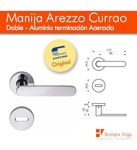 Imagen 3 de 10 de Manija Arezzo Doble Aluminio Picaporte Currao Pack X 4