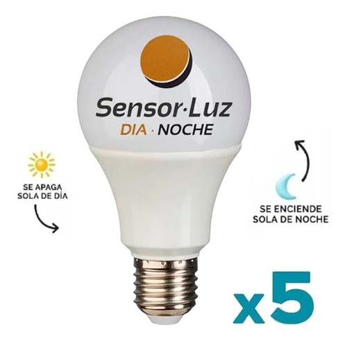 Set 5 Lámparas Foco Led 9w Sensor Luz Dia Noche Fotocelula 