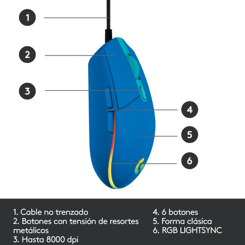 Imagen 5 de 9 de Mouse gamer de juego Logitech G Series Lightsync G203 azul