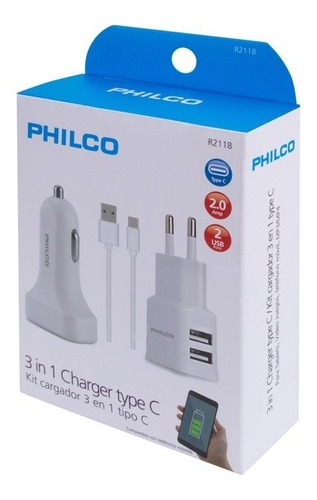 Cargador 3 En 1 Philco Con Cable Tipo C / Tecnocenter
