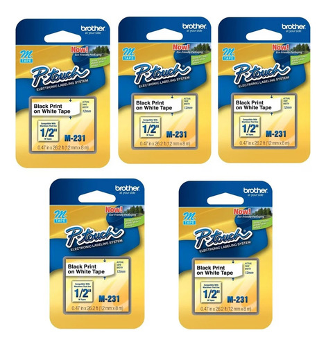 Fita Rotulador Brother M-231 M231 Pt-70 Pt-80 Pt-65 Kit 05 Cor Branco