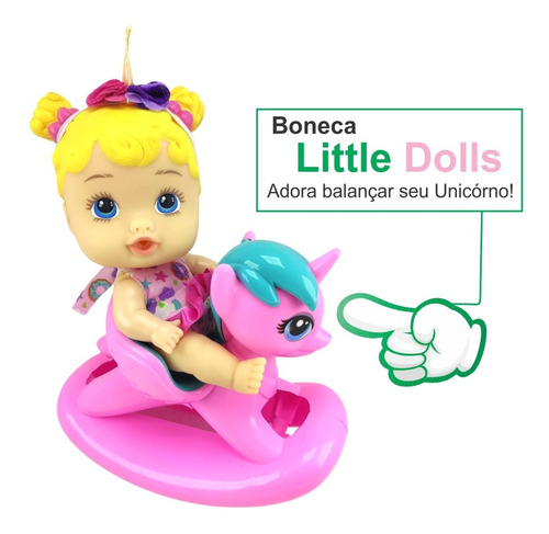Imagem 1 de 7 de Brinquedo Boneca Little Dolls Bebê Balancinho Unicórnio Rosa