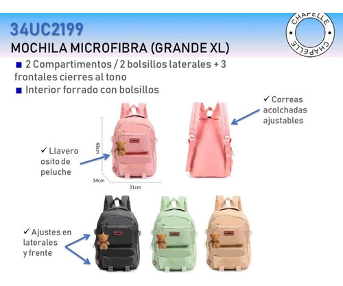 Mochila Urbana La Chapelle Microfibra Con Osito Negro Lisa