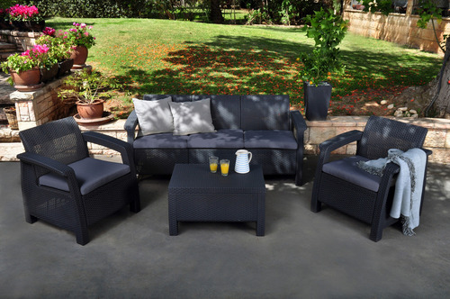 Sala De Jardín Keter Corfu Triple Set, 5 Asientos Con Mesa Estructura Gris oscuro