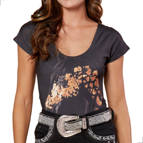 Body Feminino Cavalo Preto Floral Dourado Estampa Country