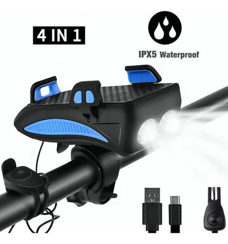 4 Em 1 Farol Bicicleta Suporte Celular Power Bank Buzina
