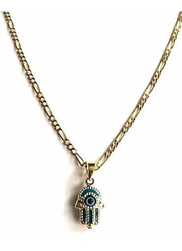 Cadena, Collar Para Hombr 14k Real Gold Hamsa Blue Evil Eye 