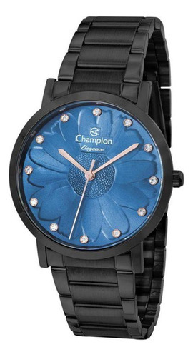 Relógio Feminino Preto Champion Fundo Azul Flor E Pedras