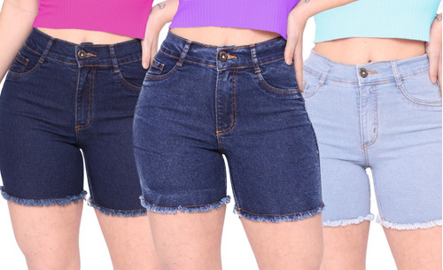 Kit 3 Bermudas Jeans Feminina Short Meia Coxa Cintura Alta