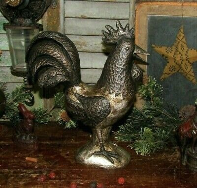 Prim Antique Vtg Style Country Faux Pewter Rooster Resin C