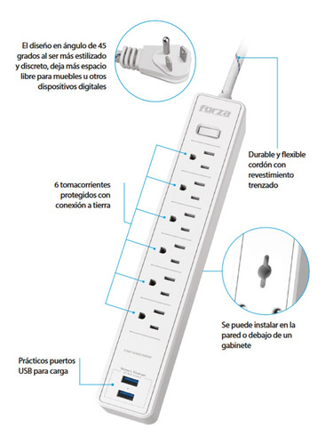 Protector De Sobretensión Forza Fsp-612usbw, 6 Tomas + 2 Usb