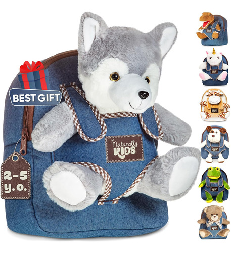 Mini Mochila Infantil Con Tela De Peluche- Lobo/azul