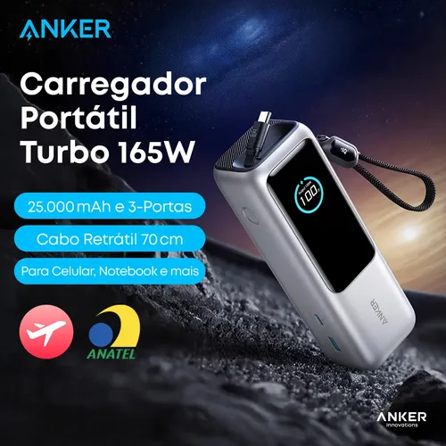 Carregador Portátil Power Bank Anker 25000mAh 165W Cor Cinza Carga Turbo Rápida com 4 Portas e 2 Cabos USB-C Integrados, Tela Digital Compatível com Notebook, MacBook, iPhone, Samsung, HP e AirPods