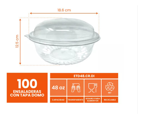 Ensaladera Con Tapa Domo 48 Oz Pet Reciclable Wow 100 Jgs Color Blanco