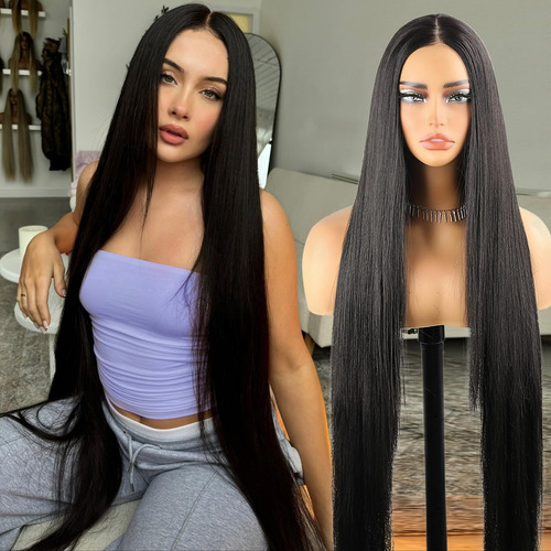 Peluca Negra Larga Para Mujer, Natural Para Uso Diario Color Negro Tamaño De La Base M