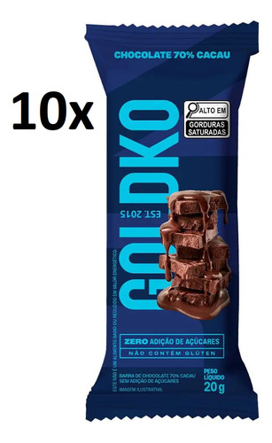 Kit 10 Barra Chocolate 70% Cacau Zero Adição De Açúcares 20g
