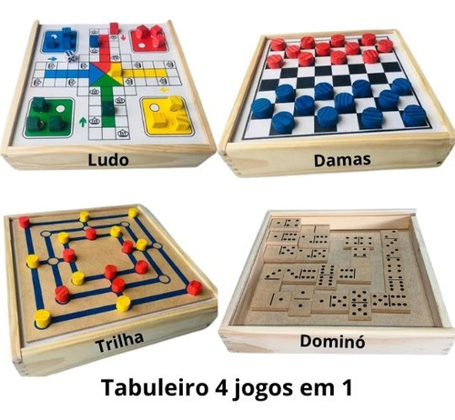 Conjunto Jogos 4x1 Dama Dominó Ludo Trilha Caixa Em Madeira