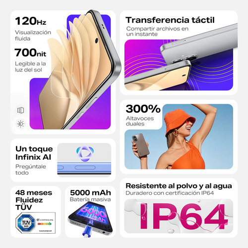 Celular Infinix Smart 10 Dual Sim One-tap Infinix Al 4gb Ram 128gb Rom Plata Titanio Batería De 5000mah Ip64 Pantalla De 120hz Transferencia Táctil