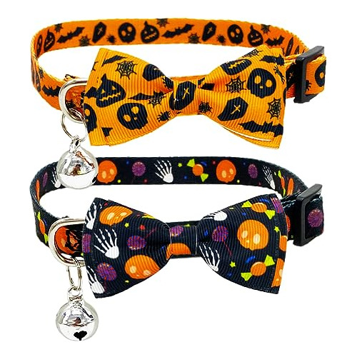 Paquete De 2 Collares De Gato Halloween Lazo Y Campana,...