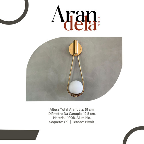 Kit 03 Arandela Dourado Gota Em Aluminio Com Globo Fosco 12cm Soquete G9 Tensao Bivolt 110v/220v