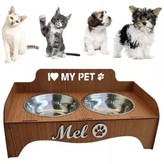 Comedouro Personalizado Pet Para Cão/gato + Tigelas Inox