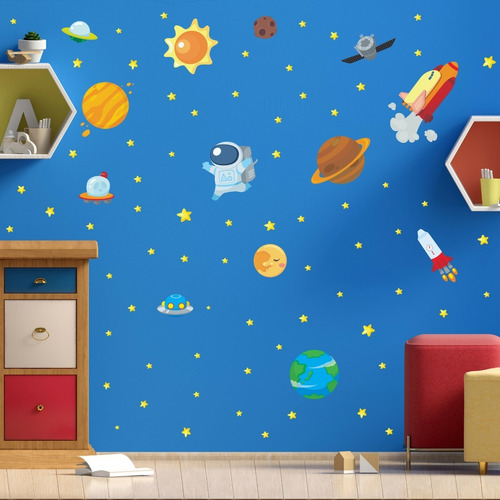 Imagem 3 de 5 de Adesivo De Parede Infantil Espaço Quarto Menino Planeta