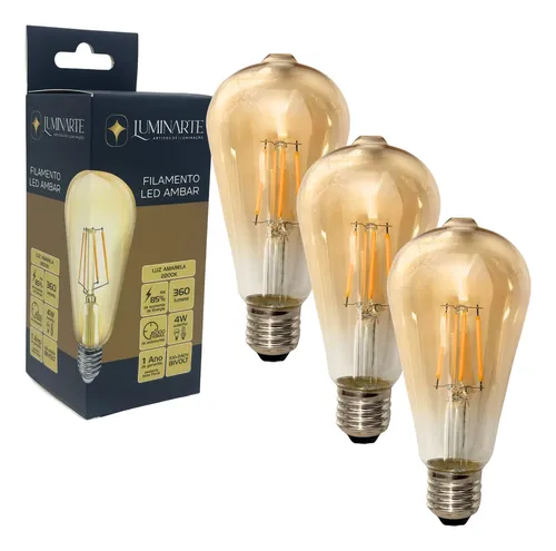 Caixa do kit com 3 lâmpadas de filamento LED âmbar ao lado das lâmpadas expostas
