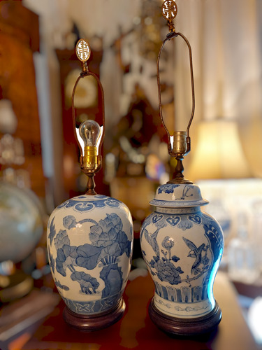 Lamparas De Porcelana China Blanco Y Azul Vintage (Usado)