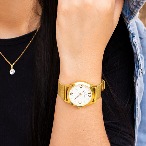 Reloj cuadrado Champion CN25369w para mujer, collar y pendientes, color de correa, bisel dorado, color de fondo dorado, color blanco 1