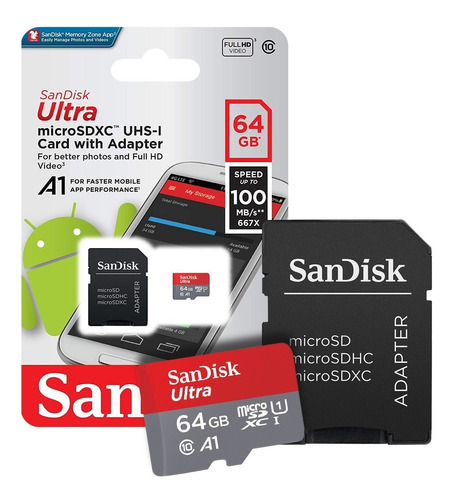 Memoria Micro Sd 64gb Clase 10 100 Mb/s Sandisk Celular Febo