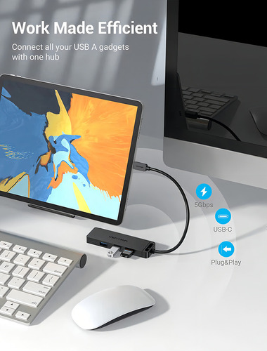 Hub Usb C Vention Multipuerto - 4 En 1 - Usb C A 4 Puertos Usb 3.0 - 5gbs - Premium - Teclado / Disco Rigido / Mouse / Pendrive / Impresora / Pc / Notebook / Para Macbook Thunderbolt / - Tgkbd