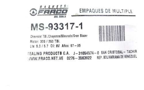 Empacadura Multiple Admision Chevrolet Cheyenne Tbi 305/350