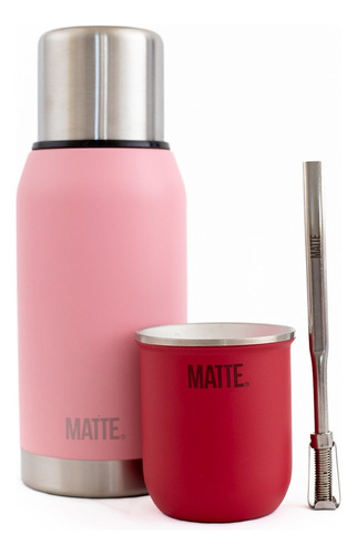 Set Termo Matte Pink 750cc + Mate Steel + Bombilla 