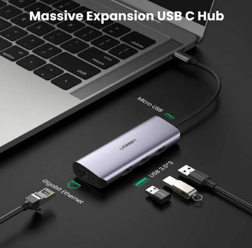 Hub 5 Em 1 Ugreen Usb-c Para 3* Usb 3.0 + Rj45 + Tipo-c Pd