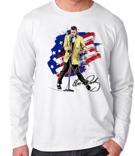 Camiseta Manga Longa Blusa Frio Elvis Presley Bandeira Eua