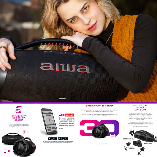 Caixa De Som Boombox Plus Aiwa Bbs-01-b 200w Bt Usb 30h Ip66