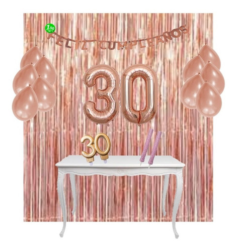 Kit Cotillón - Decoración Cumple De 30 Años - Rosa Gold