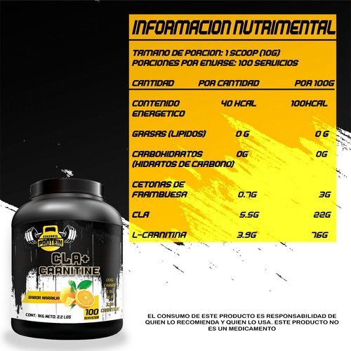 Cla + Carnitina 1kg Guns Suplements 100 Servs Pre Entreno Naranja