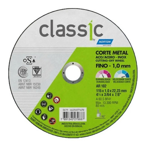 Disco Corte 115 Norton Classic Metal Acero Inox Caja X25