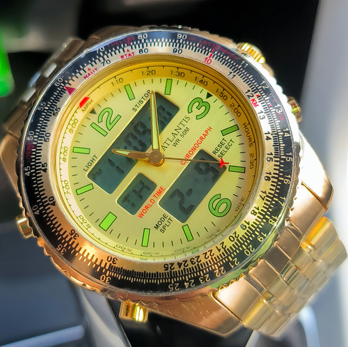 Relógio Masculino Atlantis Retro Prova Dagua Aviador Correia Dourado Bisel Dourado Fundo Dourado