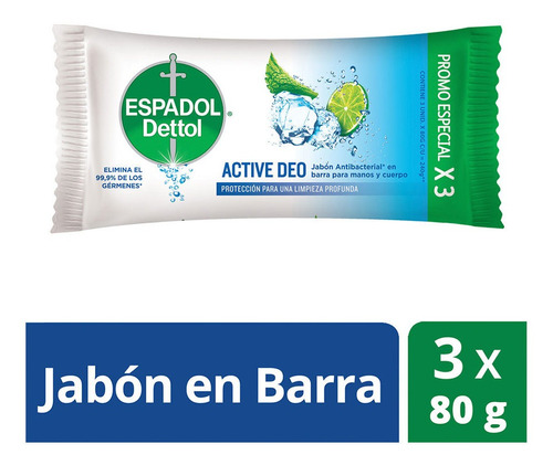 Imagen 1 de 5 de Espadol Dettol - Jabon Antibacterial Active Deo 3 X 80 Gr